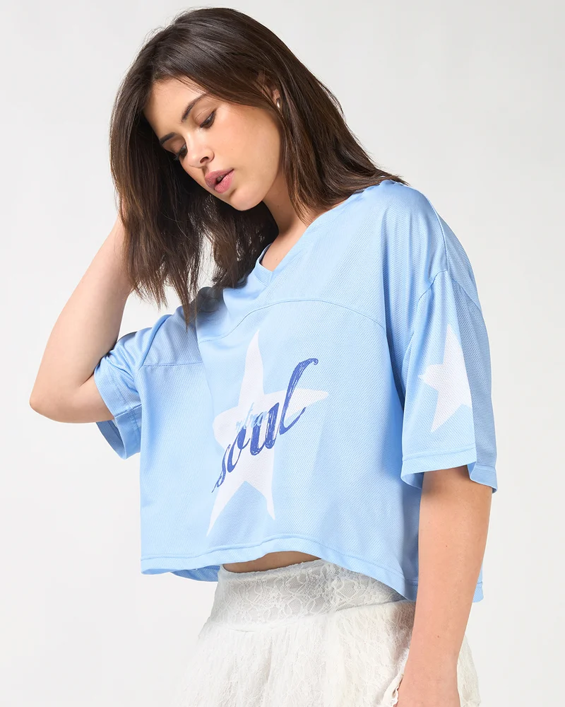 bewakoof Women's Blue Graphic Printed Oversized Crop Mesh T-shirt